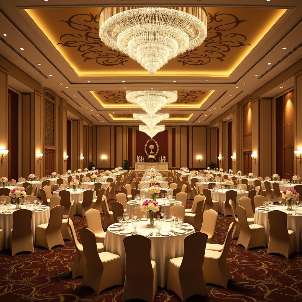 Sảnh tiệc cưới tại Trung tâm Sapphire được trang trí lộng lẫy, sang trọng với hoa tươi và ánh sáng.